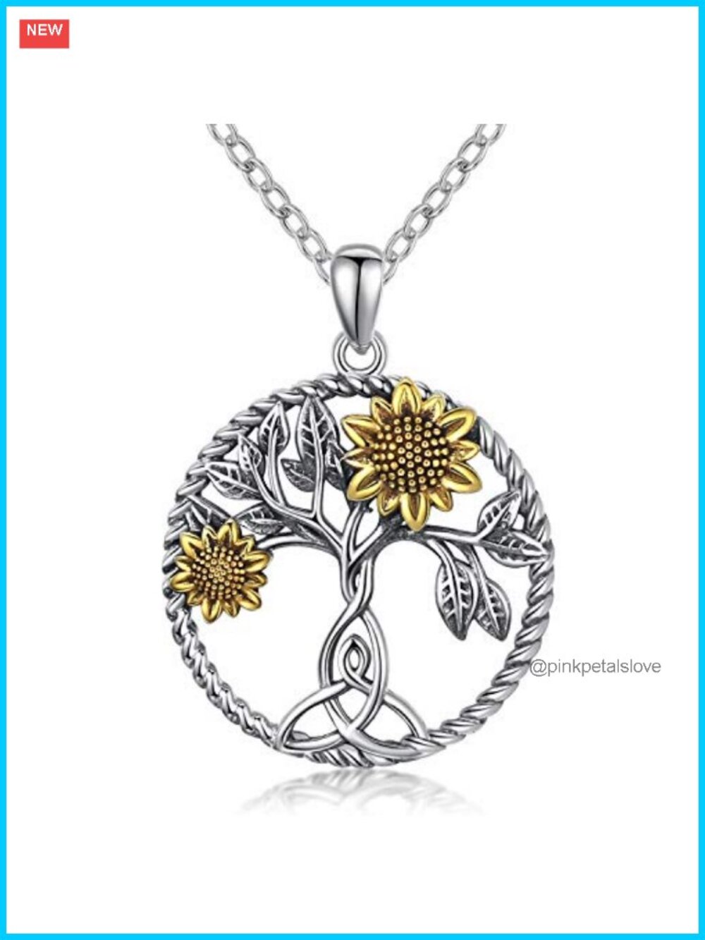 Sunflower Tree of Life Necklace 925 Sterling Silver Pendant 18in Rolo Chain
